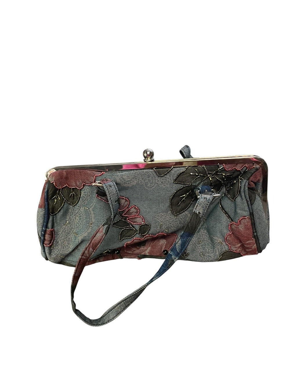 Floral Embroidered Frame Clutch with Wrist Strap - Blue and Pink